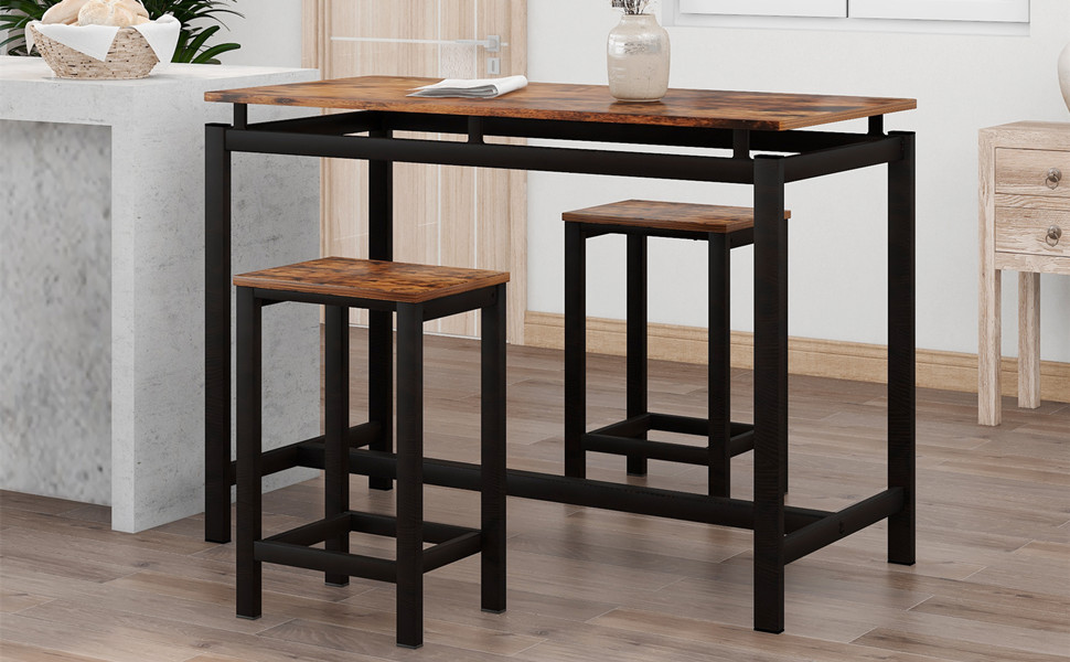 HOOSENG 3 Piece Dining Table Set, Industrial Bar Table Set Kitchen