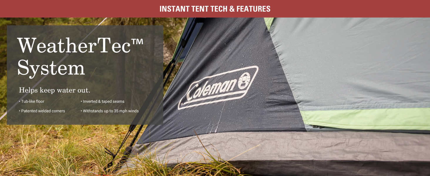 coleman weathertec system water rain storm dry proof wind seams safe quality instant easy weather