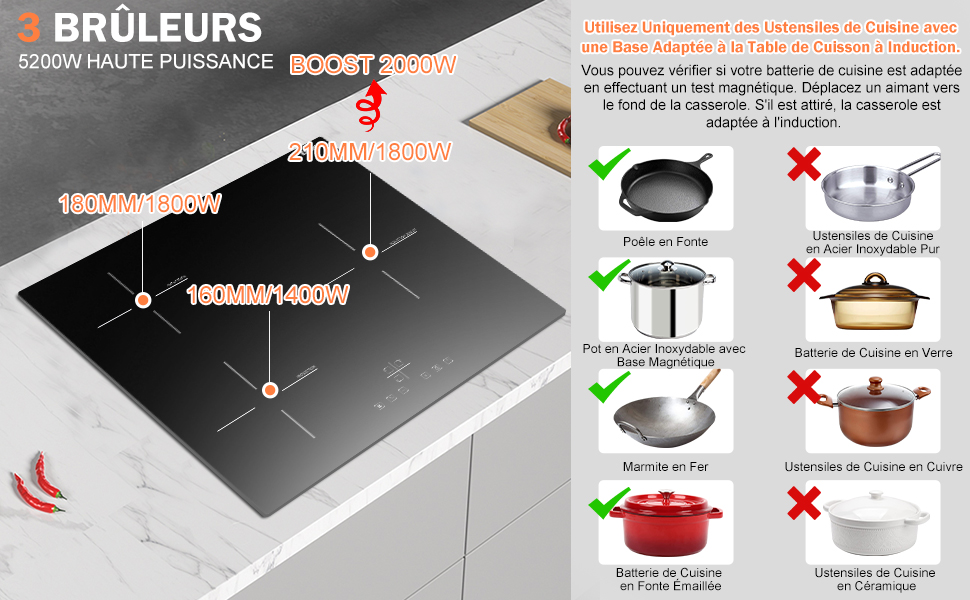 Karinear Plaque Induction 3 Foyer, Plaque De Cuisson Induction Encastrable, Plaque à Induction Avec Commande Tactile, Fonction Boost, Minuteur, Verrouillage D'enfant, Fil Dur, Pas De Prise, 5200W, Noi 13 1