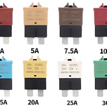 Eight automotive fuses in different colors and amperage ratings, arranged in two rows. Each fuse has a black base and a colored top portion with its amperage clearly labeled.
