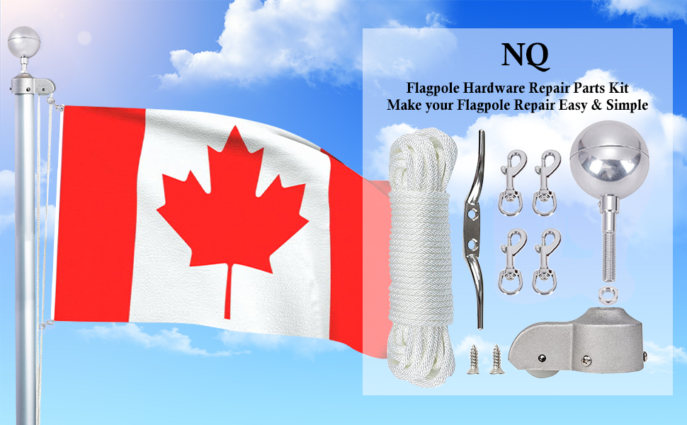 NQ Flagpole Hardware Repair Parts Kit50Ft Halyard Rope 3" Silver Ball