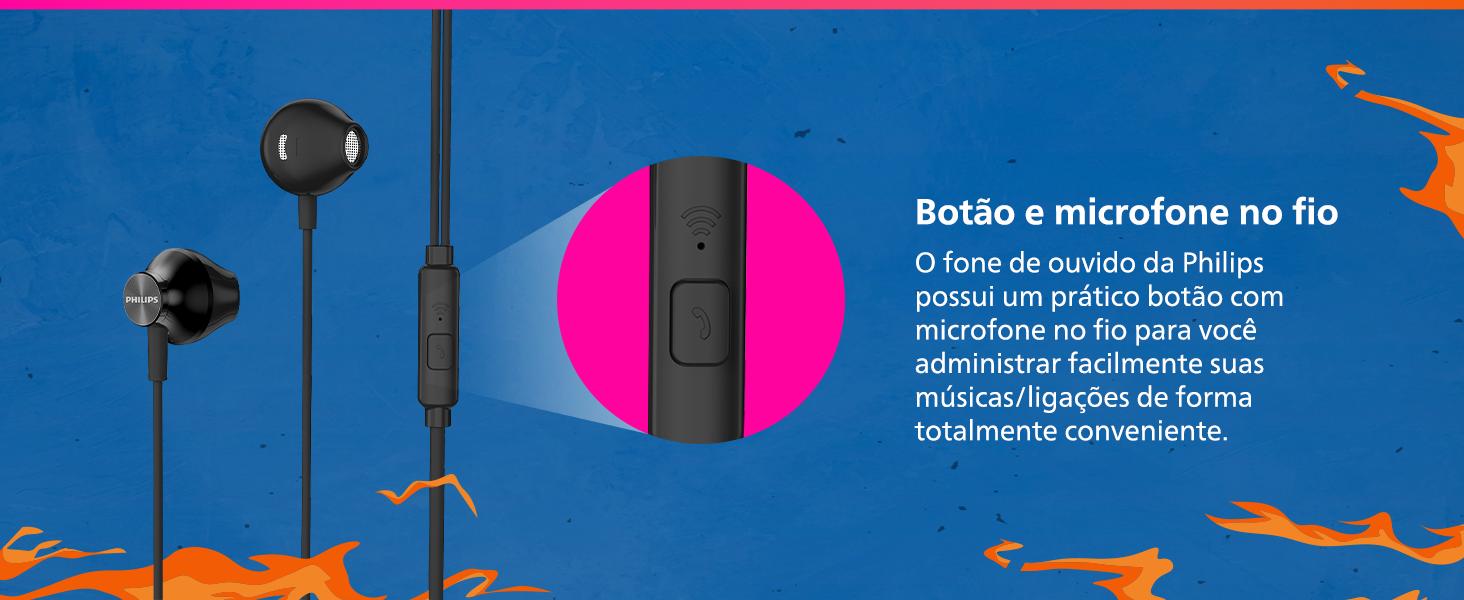 fone philips, fone com fio, fone compacto, drivers 14mm, fone confortavel, microfone, fone com cabo