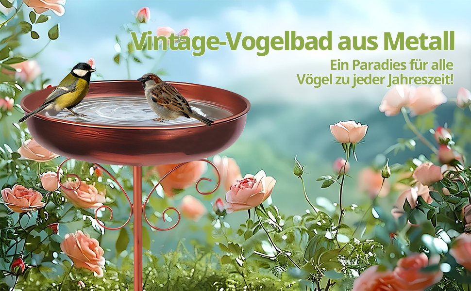 Text lautet 'Vintage-Vogelbad AUS Metall'. Metallvogelbad im Vintage -Stil mit kleinem Vogel in der Nähe von Wasser, umgeben von rosa Rosen und Gartenblumen.
