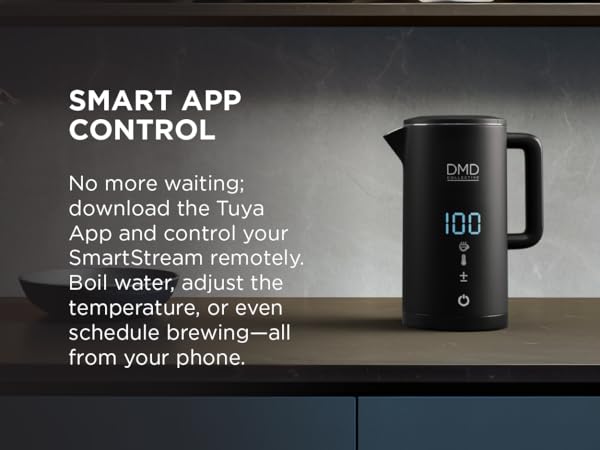 Smart electric kettle with digital temperature display and app control capabilities, shown against dark background with interface features.