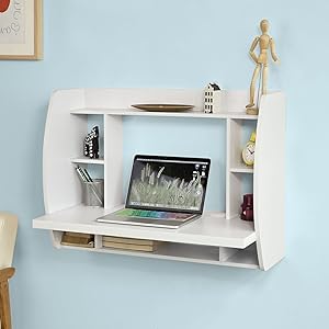SoBuy Home Office Wall-mounted Table Desk With Shelves,White,FWT18-W 11 FWT18-W