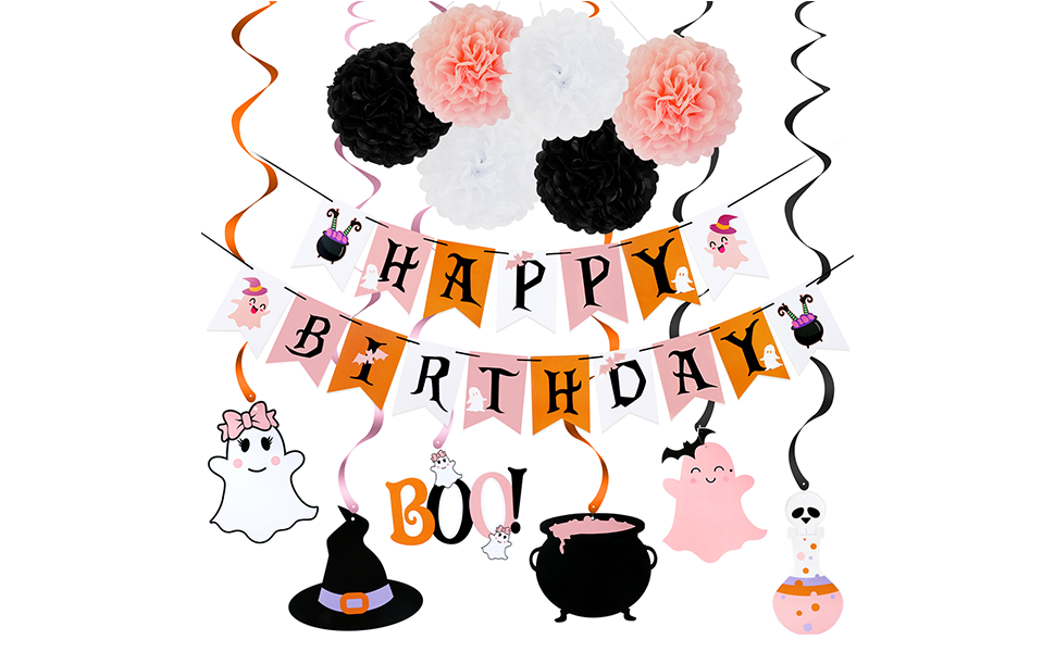 Pink and Black Halloween Happy Birthday Banner and