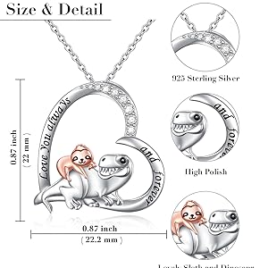 Sloth Dinosaur Necklace 925 Sterling Silver Love Heart