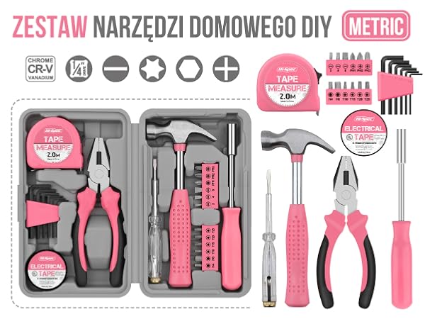 Hi-Spec 24-częściowy różowy zestaw narzędzi domowych dla