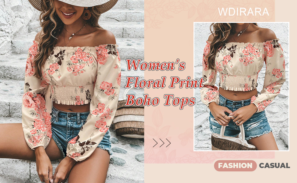 WDIRARA Women's Floral Print Off Shoulder Bishop Long Sleeve