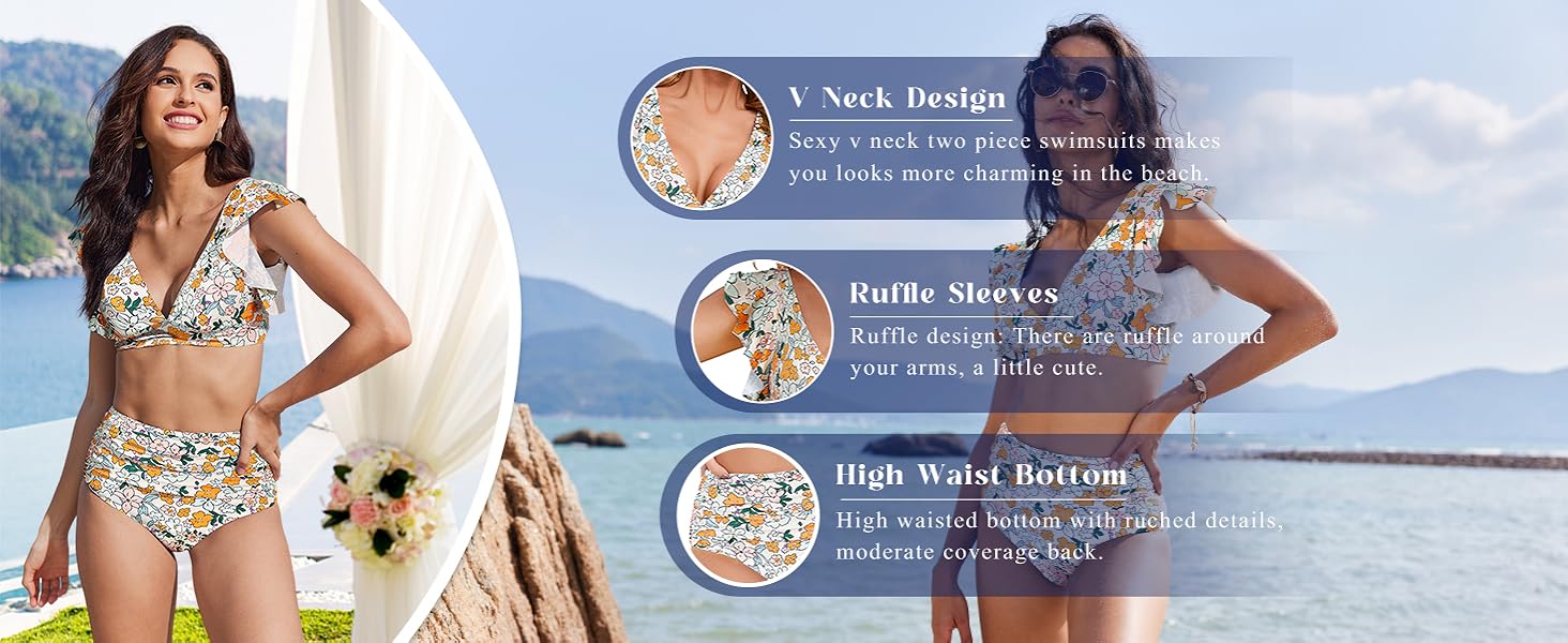 high waisted bathing suit for women ruffle sleeve swimsuit tummy control two piece bikini sets 