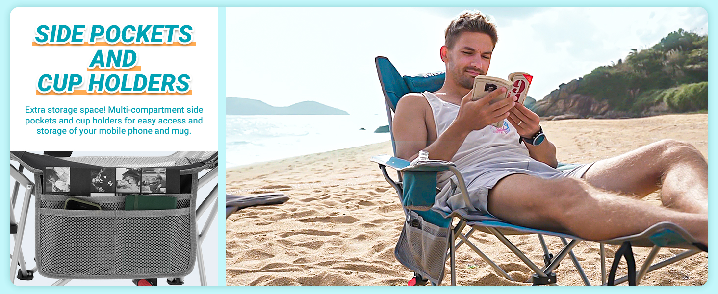 camping chair with side pocket, cup holder