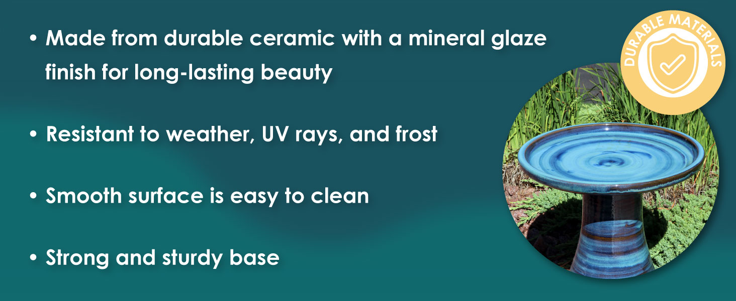 made from ceramic with a mineral glaze finish resistant to weather, UV rays, and frost easy to clean