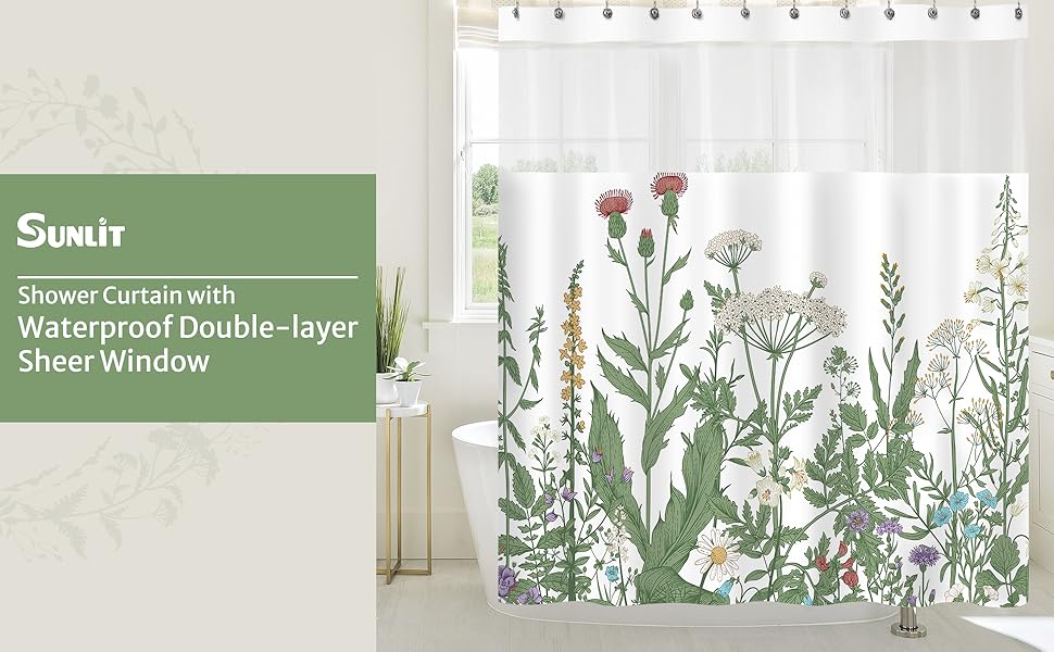 Green Floral Shower Curtain with Snapin Fabric Liner