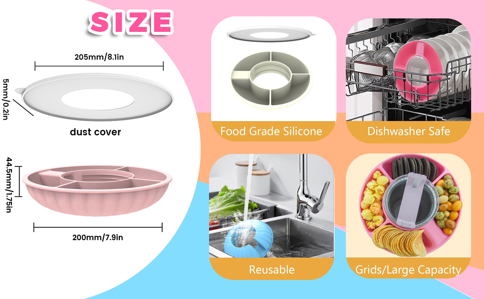 Silicone Snack Tray with Lid for Stanley Cup 40 oz, Pink Snack Bowl for 40oz Tumbler with handle, Stanley Cup Accessories with Spill Stopper Set and Protective Boot for Car Cup Holder Home Party 11 2