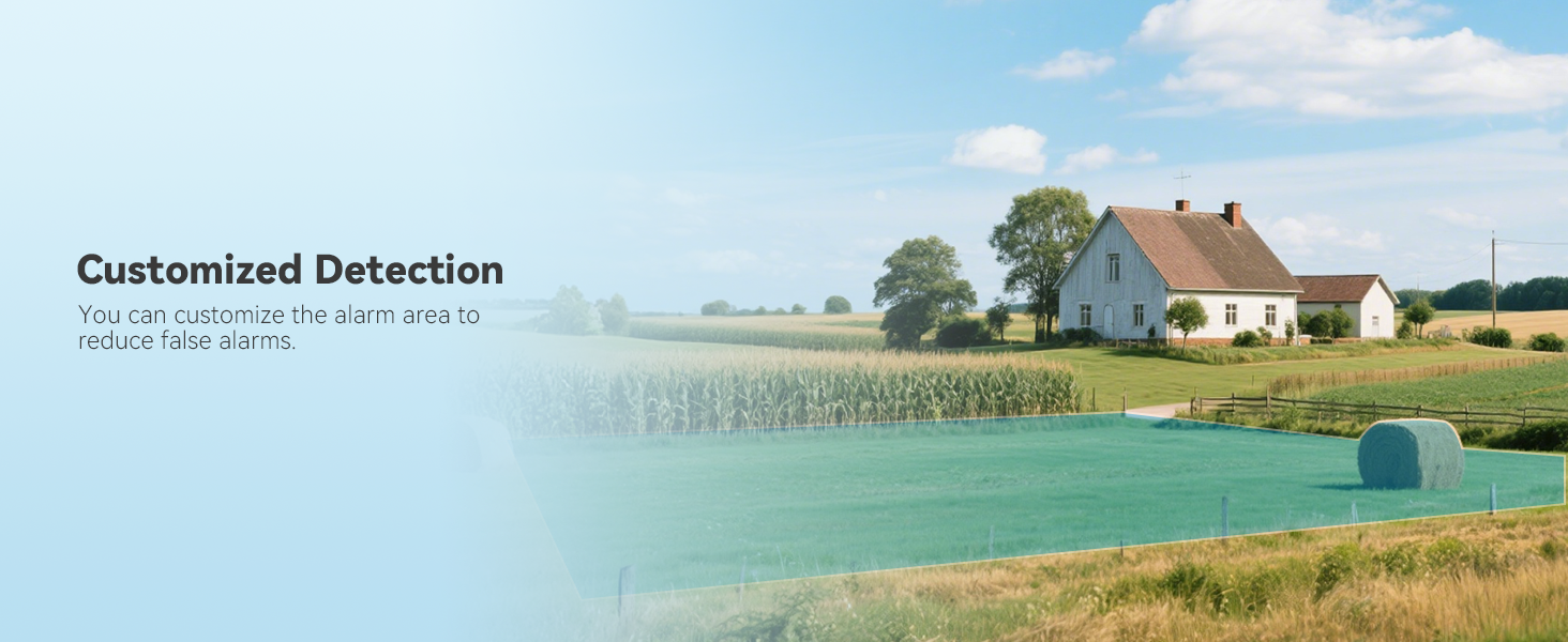 Split image showing rural house with field on left, green area with blue object on right. Text overlay reads 'Customized Detection'.