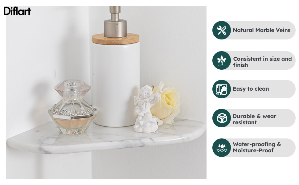 Diflart Marble Corner Shower Shelf, 8 Inch, Polished, White
