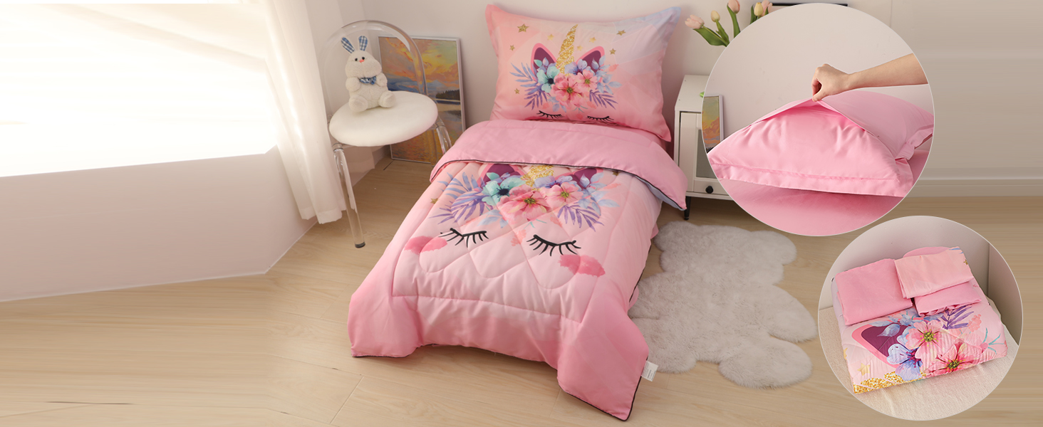 Pink Unicorn Toddler Bedding Set for Girls 4 Piece Flower