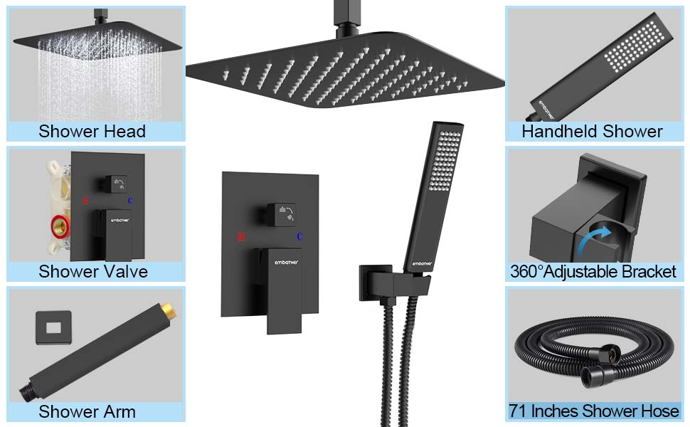 EMBATHER Black Shower System 12 Inches Ceiling Shower