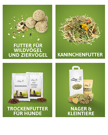 Der Text lautet „FUTTER FÜR WILDVÖGEL“, „KANINCHENFUTTER“, „TROCKENFUTTER FÜR HUNDE“, „NAGER & KLEINTIERE“. Vierteilige Produktkategorieanzeige mit verschiedenen Tierfuttermitteln.