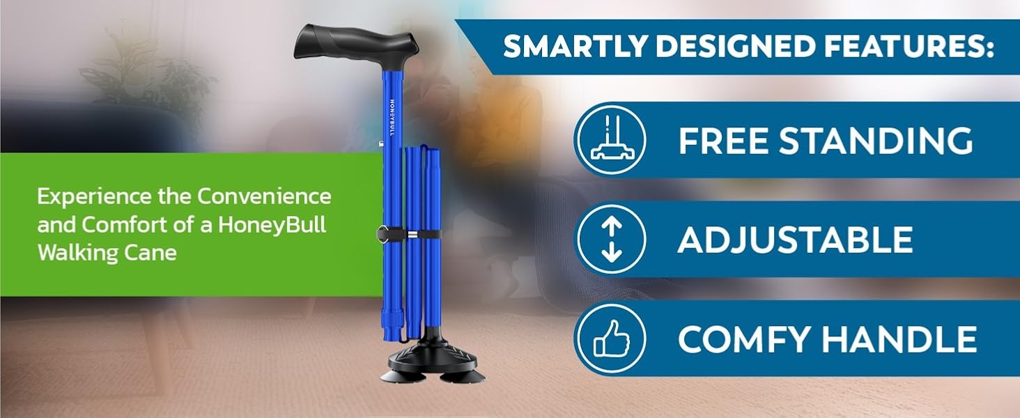 HoneyBull Walking Cane Adjustable, Folding, Free Standing Cane