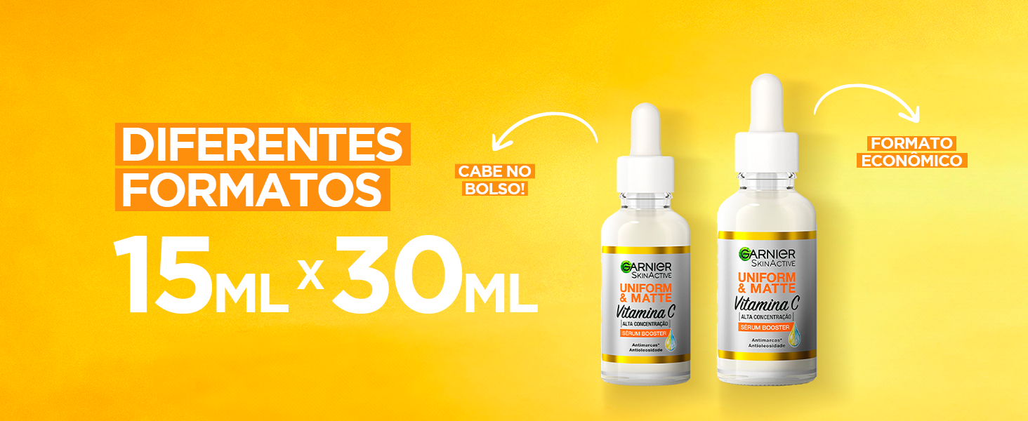 Dois formatos do Sérum Antimanchas Garnier Uniform e Matte Vitamina C: 30ml e 15ml