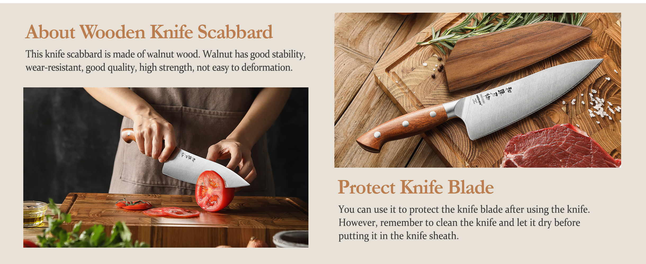 HEZHEN Pro Chefs Knives 8.3 Inch,High Carbon German 1.4116 Steel,Stainless Steel Rivets with Red Wood Handle，Razor Sharp,Super Edge,with Woodern Knife Sheath