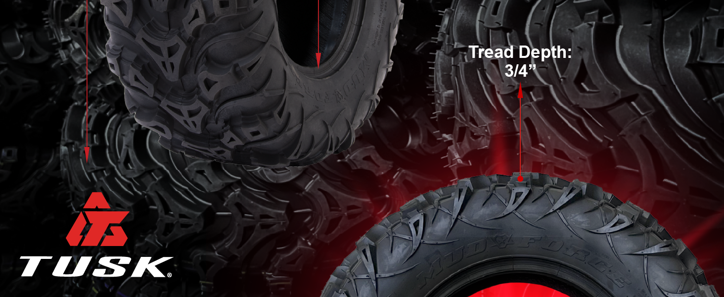 ATV tire sizing chart showing height, width, and rim diameter with available sizes listed on side