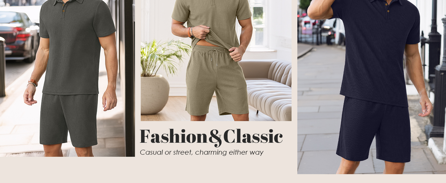 Men's Summer Outfits Waffle Knit Polo Shirt and Shorts Set 2 Pieces Casual Tracksuit