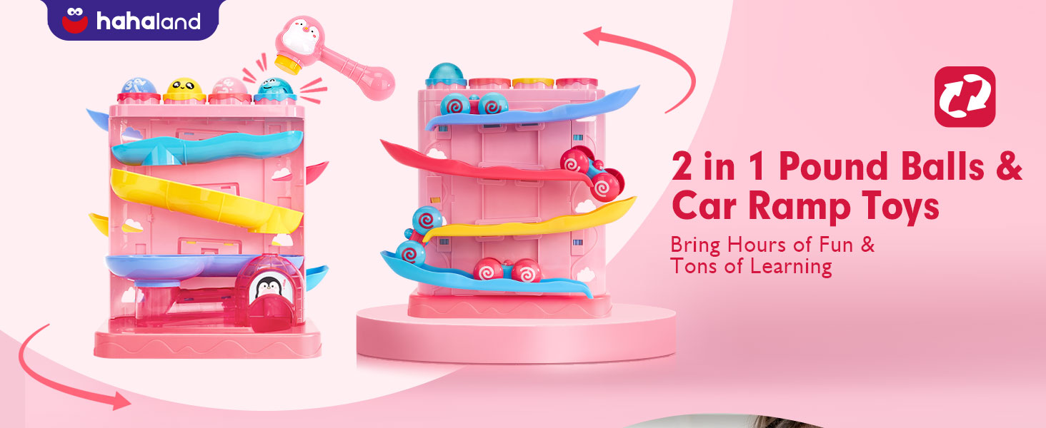 hahaland Toys for 1 Year Old Girls - 2 in 1 Pound & Roll Balls Toy & Car Ramp Race Track Toddler Toys - Baby Toys 12 Months - Early Developmental Hammer Montessori Toys Gifts for 1 2 3 Year Old Girls 11 toys for 1 years old girls