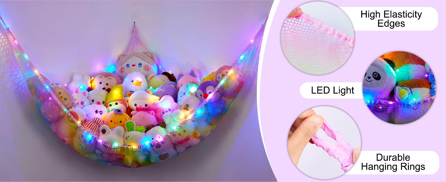 Unicorn Castle Stuffed Animals Net or Hammock Kids Toy Storage Organizer with LED Light Hanging Corner Stuffed Animals Holder Kids Girls Room Decor,Black,XLarge (Pack of 1) 14 toy net