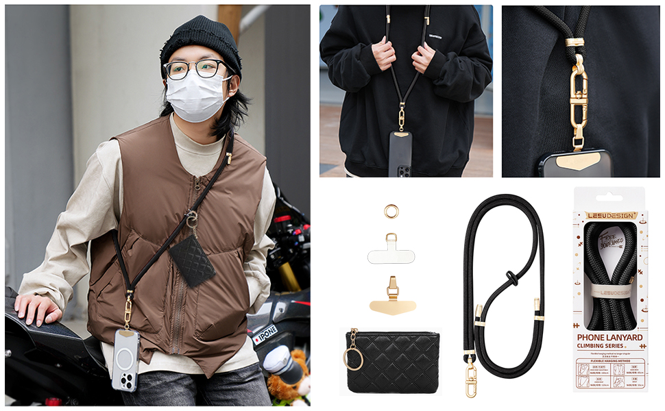 Clip and Go Phone Strap with Leather Zipper Pouch Phone Crossbody Adjustable Chain Lanyard Wallet