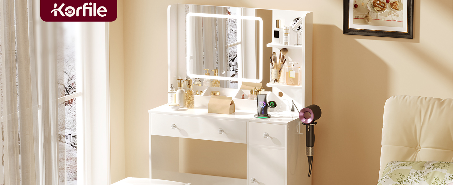 vanity desk with mirror and lights