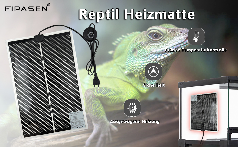Der Text lautet „FIPASEN“ und „Reptil Heizmatte“. Mehrere Produktfotos zeigen ein Heizmattengerät mit Reptil- und technischen Daten.