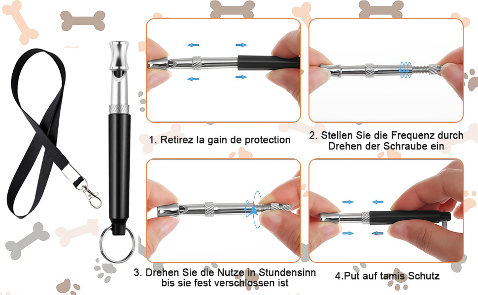 Dog Whistle High Frequency Quiet Ultrasonic Anti Bark Accessory with Lanyard, Adjustable Dog Whistle for All Breeds, Black 14 para adiestramiento de perros con frecuencia ajustable. Empuñadura negra, cuerpo metálico. Los paneles de instrucciones muestran el uso: quitar la tapa protectora, ajustar la frecuencia y reemplazar la tapa. Incluye cordón.