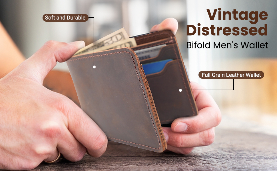 Full Grain Leather Wallet, soft and durable, Vintage distressed bifold wallet