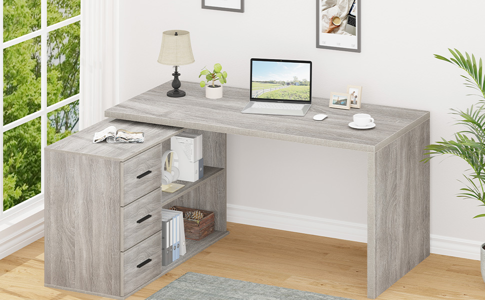 HSH 360° Rotating L Shaped Computer Desk with 3 Drawers and