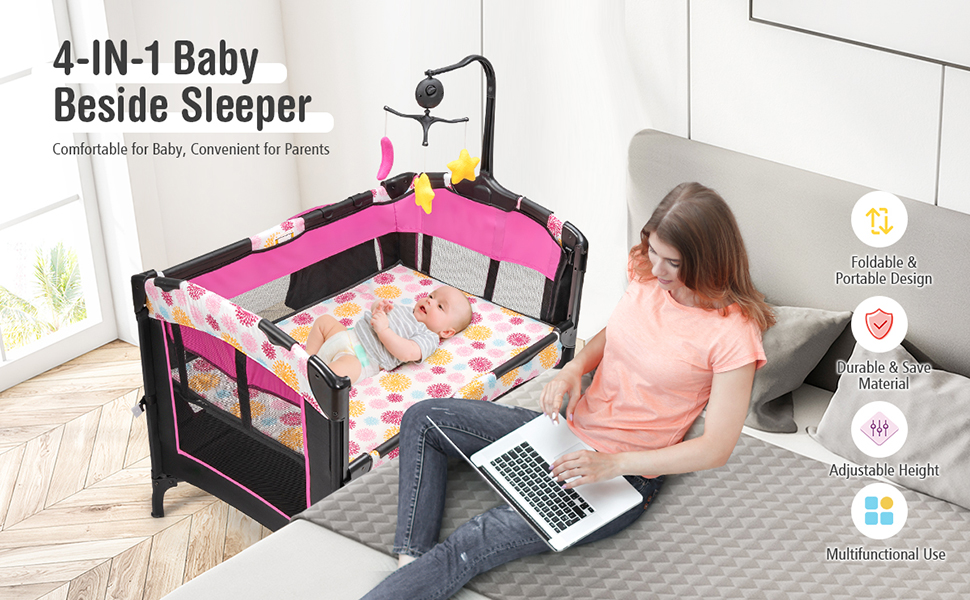 HONEY JOY Pack and Play, 4 in 1 Baby Bedside Sleeper w