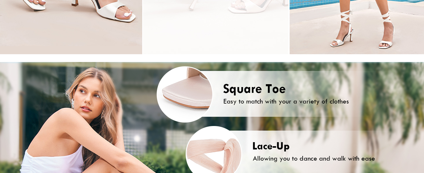 Coutgo Womens Strappy Lace Up High Heels Sandals Square Open Toe Satin Kitten Heels