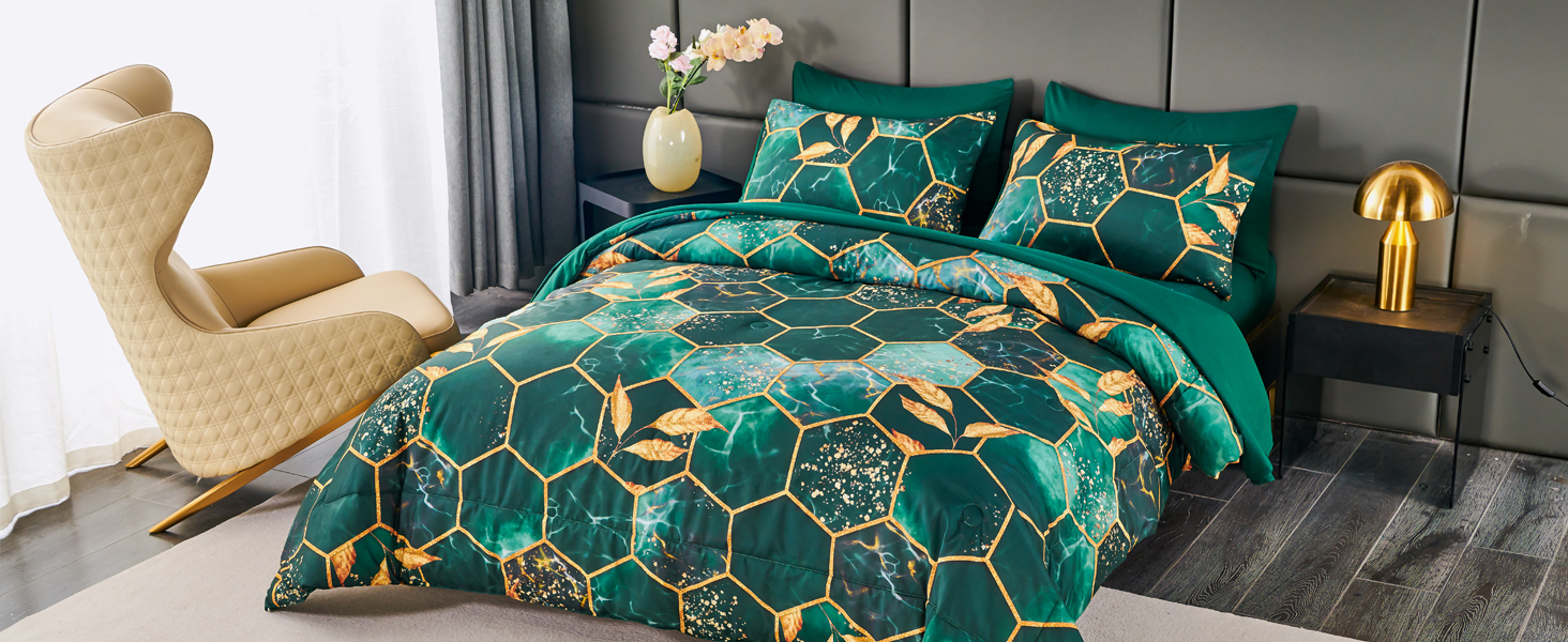 ZRNBAST Dark Green King Size Comforter Set Geometric