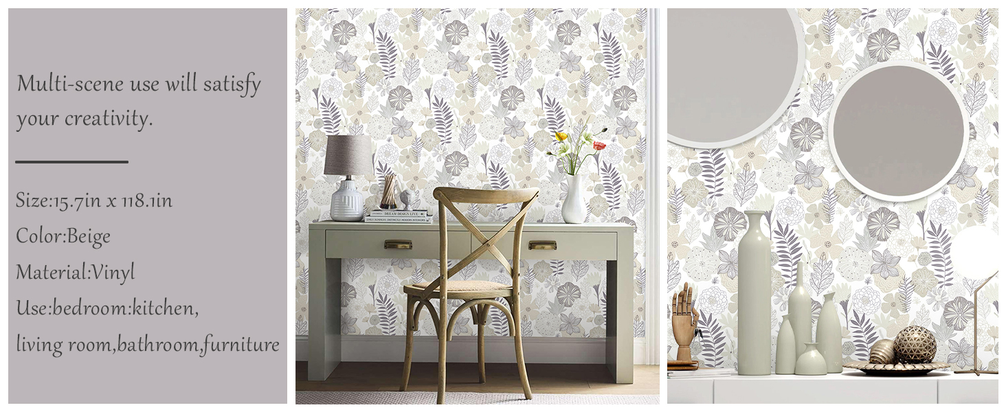 Nukofal Beige Peel and Stick Wallpaper Vintage Floral Wallpaper 15.7in