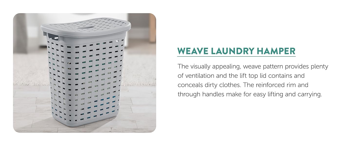 Storage basket with clothes and towels in a laundry background labeled as Weave Laundry Hamper.