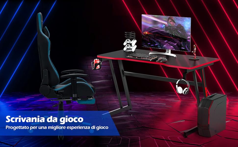 COSTWAY Scrivania Da Gaming 120 Cm, Tavolo Ergonomico Per Computer A Forma Di Z, Con Gancio Regolabile Per Cuffie, Porta Bicchiere, Ideale Per Casa E Ufficio (Blu) 10 1