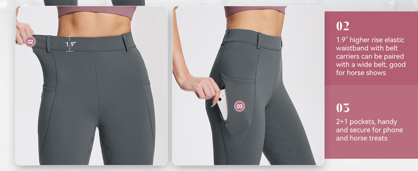 Graue Leggings mit hoher Taille und Seitentaschen. Mehrere Ansichten zeigen Passform und Taschendetails. Der Text weist auf eine versteckte Tasche am Bund hin und es stehen mehr als 25