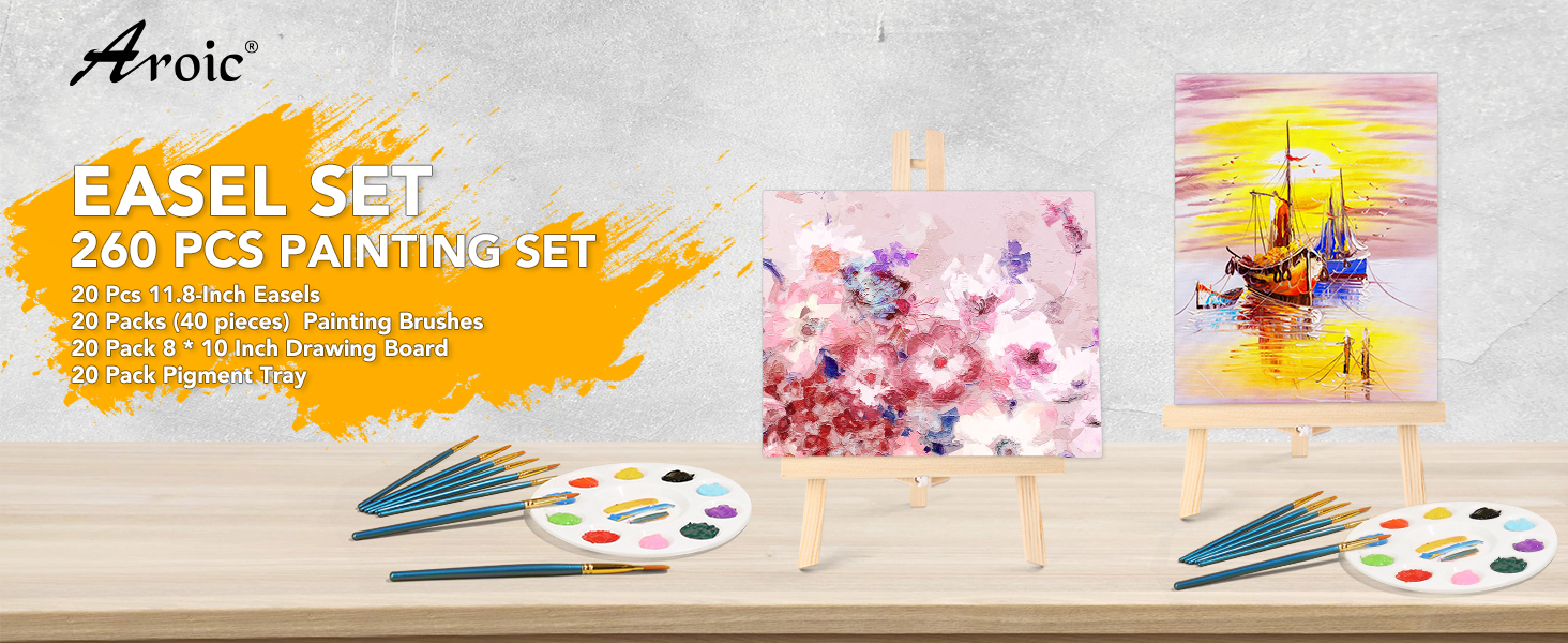 AROIC 260 Pack Easel & Canvas Sets with 20 Wood Easels,200
