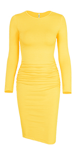 Long Sleeve Ruched Neck Ruched Bodycon Dress
