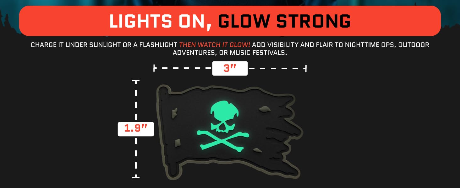 Glow-in-the-dark tactical patch illuminated at night, attached to a military vest under a dim light