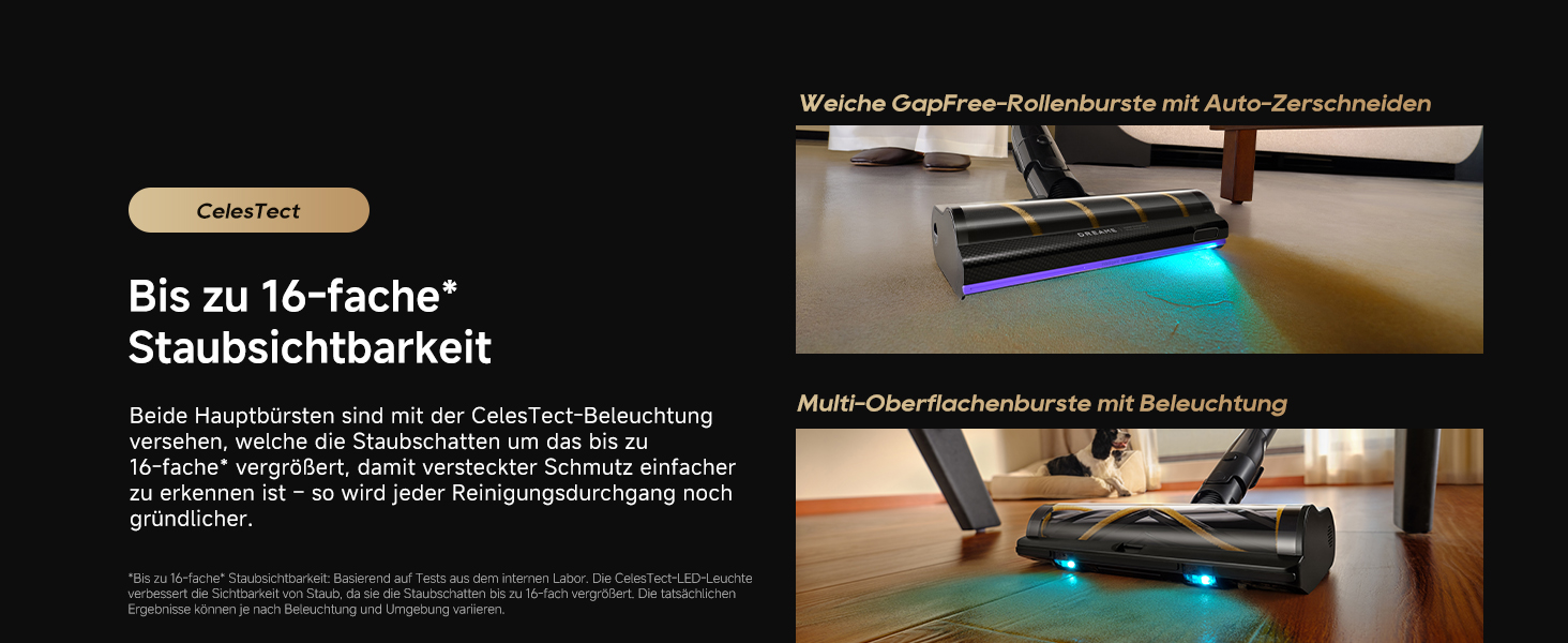 Der Text lautet: 'Bis zu 14-fache Staubschichtbarkeit'. Dunkles Werbebild mit beleuchteten Gerätedetails.