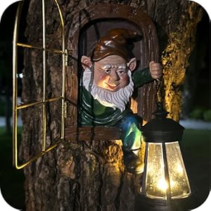 Fairy Garden Statues Gnomes Solar Lantern - Whimsical Elf Out The Door Tree Hugger Figurines Fence Wall Yard Art Home Decor Outdoor Tree Face Sculpture, Ideal Halloween Decorations 16 garden gifts