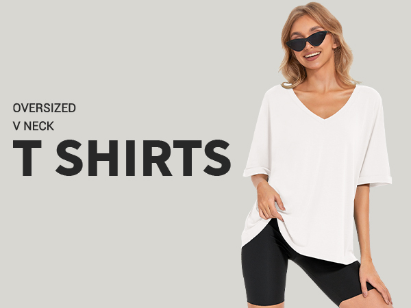 UEU Womens Oversized V Neck T-Shirts Short Sleeve Workout