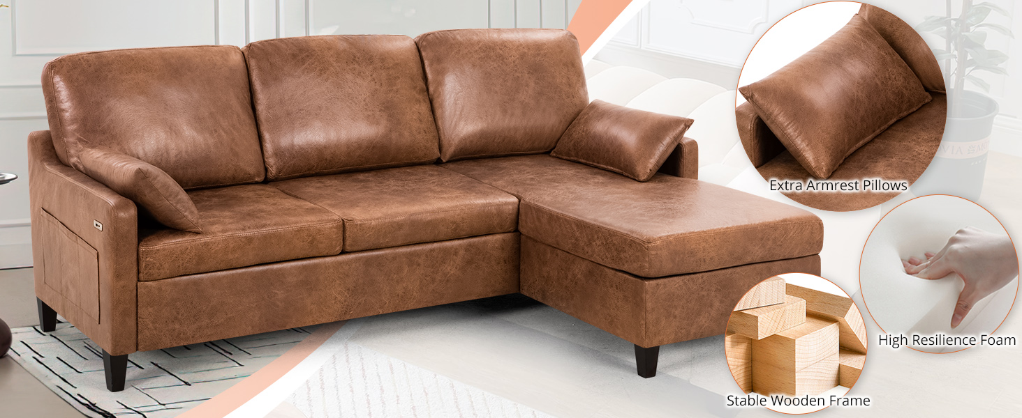 ACMEASE Sectional Sofa Couch with Reversible Chaise, Suede